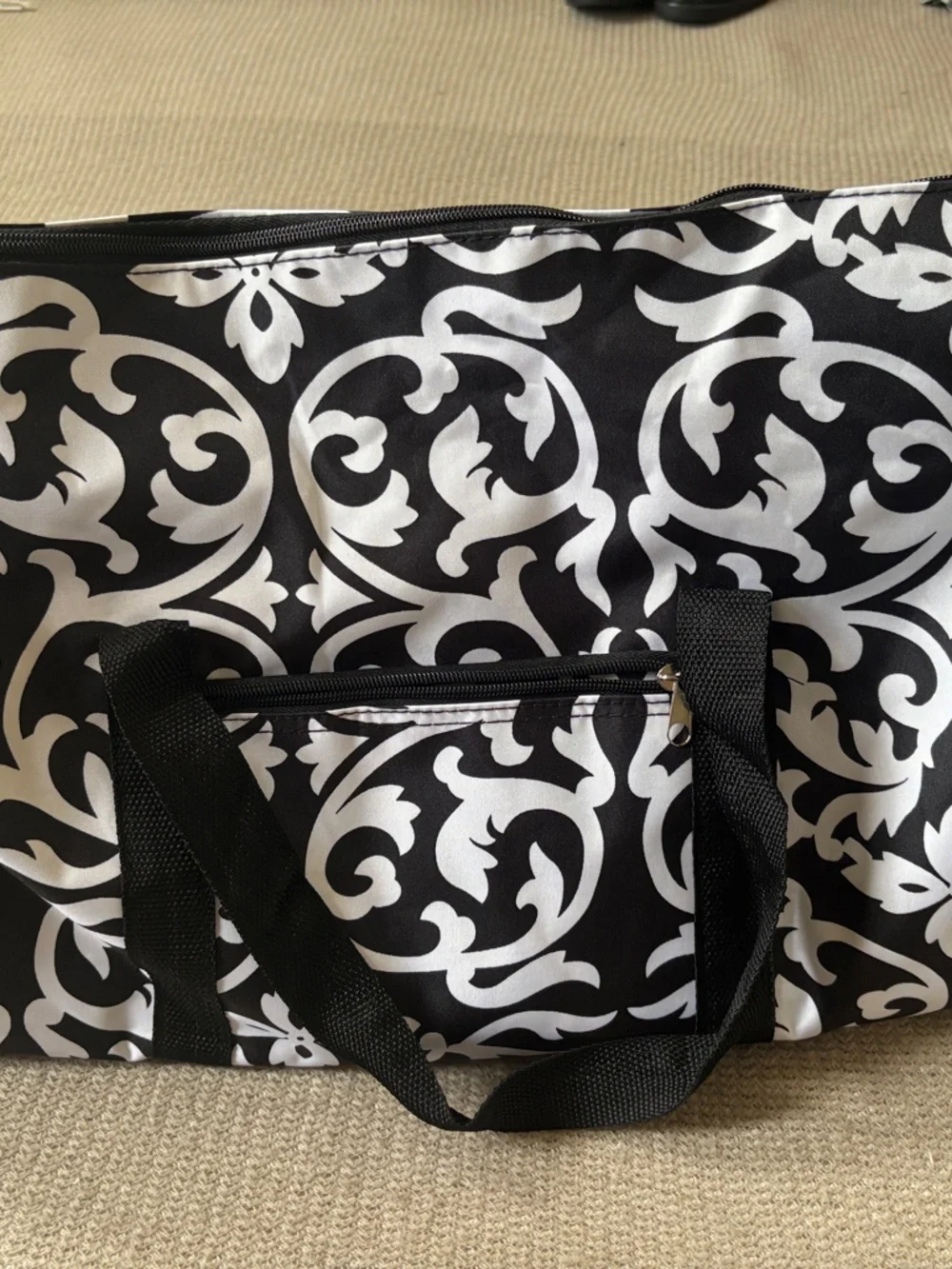 Black and White Damask Tote Bag - Stylish Travel Carryall 20”x11”x10”